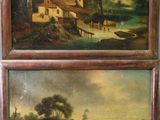 deux tableaux représentant une scène de vie à la ferme, avec une rivière et une maison