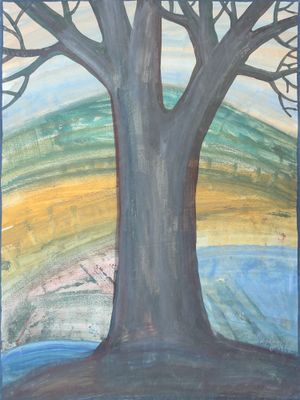 tableau représentant un arbre dans un champ, avec un ciel bleu en arrière-plan