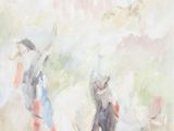 painting of a group of people walking down a path with umbrellas