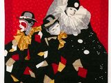 une image représentant un tableau de clowns sur fond rouge