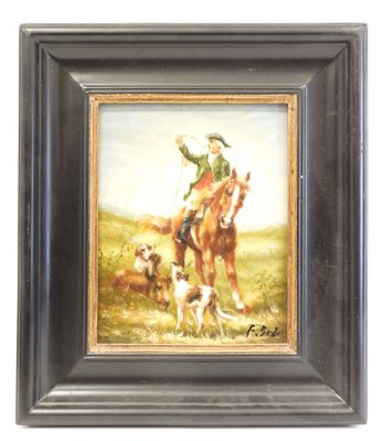 tableau représentant un homme à cheval, accompagné d'un chien et d'une vache