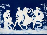 blue and white painting of a group of people on a blue background
