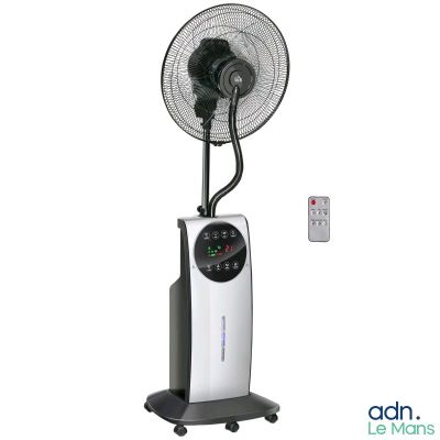 un ventilateur posé sur un support à côté d'une télécommande