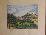 aquarelle encadrée représentant un paysage avec une montagne au loin
