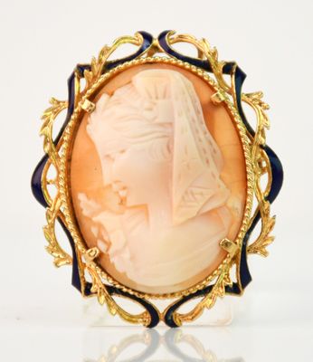 une image représentant le profil d'une femme sur une broche aux couleurs or et bleu