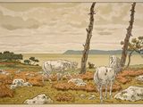 tableau représentant un troupeau de bovins paissant dans un champ bordé d'arbres