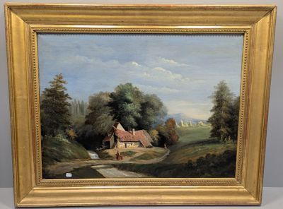 une peinture à l'huile représentant une scène de campagne avec une maison au loin