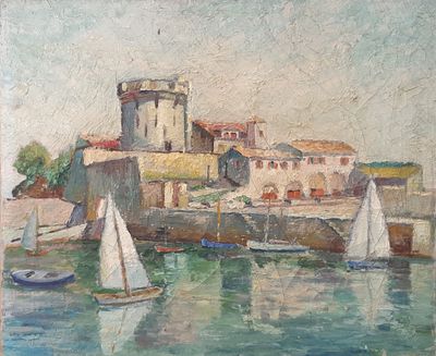 a painting of sailboats in the water near a castle