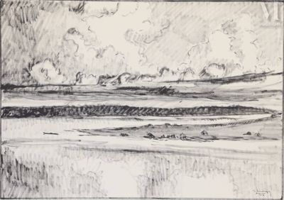 dessin représentant un paysage avec une rivière et des nuages au loin