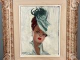 a painting of a woman with a hat on her head