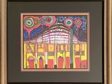 a painting of a picture of a building with a clock on it