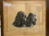 painting of two dogs sitting in front of a mirror in a room