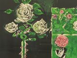 a painting of flowers in a vase on a table