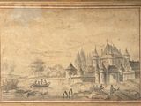 tableau représentant une scène de village avec une calèche au premier plan et un homme sur une calèche au premier plan