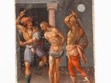 an old painting of a group of men playing a game of frisbee