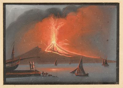 painting of a volcano eruptied from the ocean with sailboats in the foreground