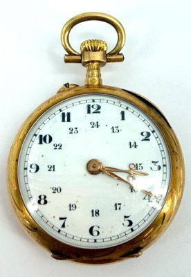 a close up of a gold pocket watch on a white surface