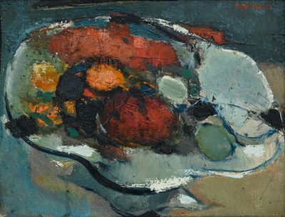 une peinture représentant une coupe de fruits sur une table