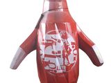 an inflatable red penguin with a hoodie on its head