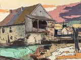 une photo d'un tableau représentant une vieille ferme