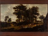 an oil painting of a farm scene with cattle and trees