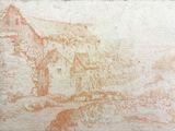 un vieux dessin représentant une maison avec un pont devant
