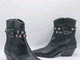 black leather ankle boots with studded straps and buckles