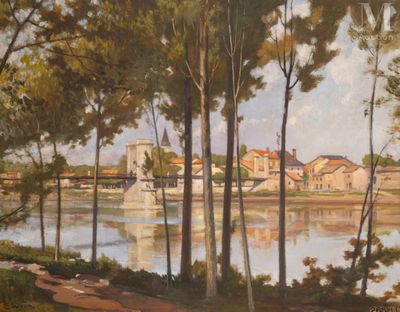 painting of a view of a river with houses and trees in the foreground