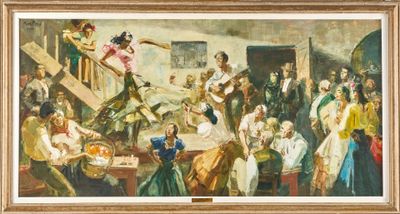 painting of a group of people gathered around a table in a room