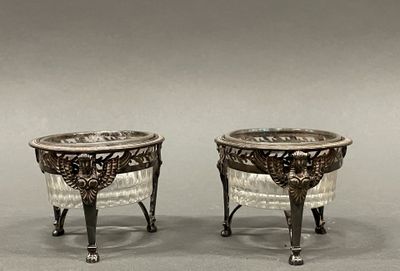 pair of antique silver plated bowls with handles and feet