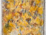 une peinture à l'huile représentant des fleurs jaunes dans un vase posé sur une table