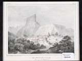 an old picture of a mountain village with a castle in the background