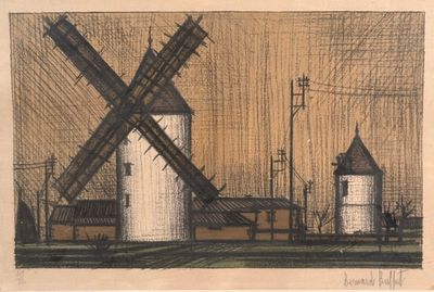 dessin représentant un moulin à vent dans un champ, avec un bâtiment en arrière-plan