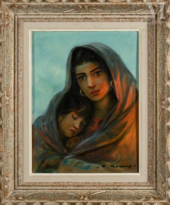 an oil painting of a woman and child wrapped in a blanket