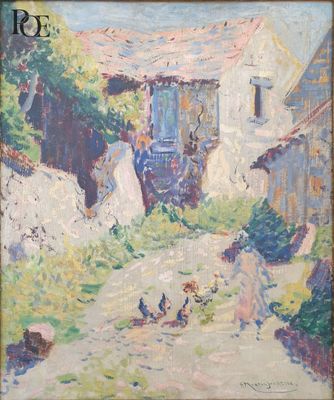 une peinture à l'huile représentant une scène de ferme avec des poules au premier plan