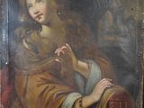 an old painting of a woman in a brown dress sitting on a red chair