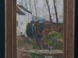 an oil painting of a train traveling past a white house