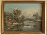an image of a painting of a river with a village in the background