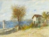 a painting of a boat on the shore of a lake
