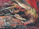 a painting of a crab on a red surface