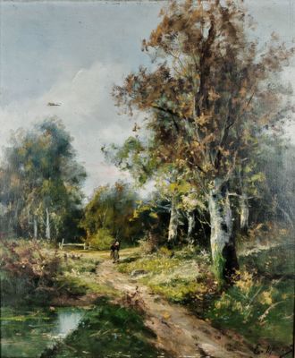 an image of a painting of a dirt road in the woods