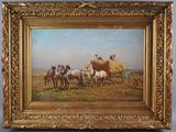 an oil painting of horses in a field with hay bales