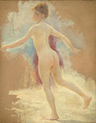 une image représentant un tableau où l'on voit une femme nue marchant sur une plage