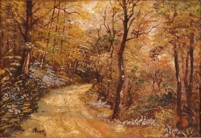 une peinture à l'huile représentant un chemin de terre dans une zone boisée