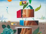 une image représentant un tableau où l'on voit une femme assise au sommet d'une pile de cubes