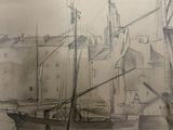 a picture of a drawing of a harbor with boats