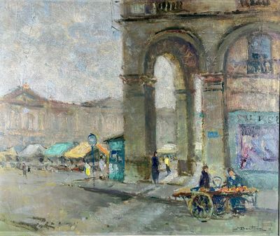 painting of a painting of a street scene with people and a building