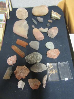 une table sur laquelle se trouvent un tas de pierres et d'autres objets