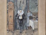 tableau représentant un homme et une femme debout devant une horloge de parquet