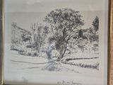 dessin représentant un paysage avec des arbres, dans un cadre accroché au mur